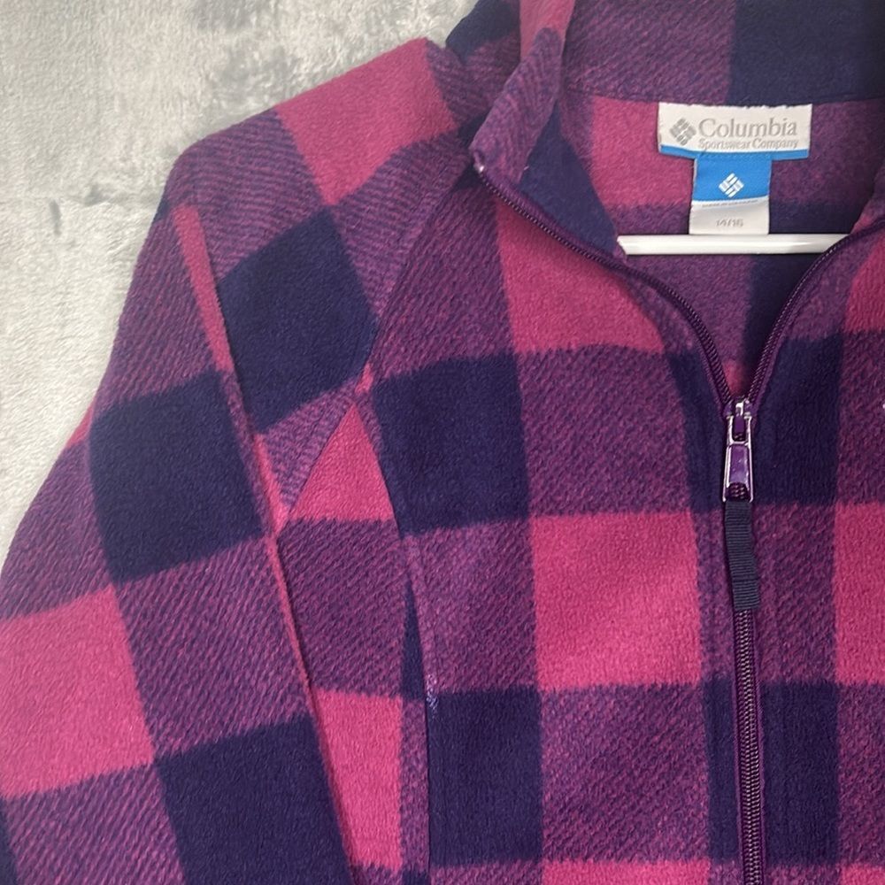 Columbia Pink Purple Plaid Patchwork Full Zip Soft Fleece Jacket Size 14/16 - Picture 7 of 9